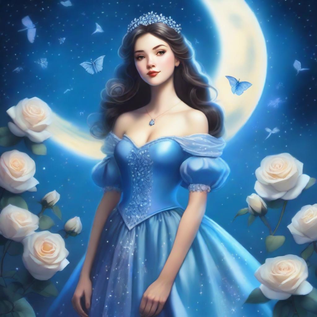 A woman dressed in princess attire stands surrounded by several blue roses