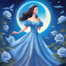 A woman dressed in princess attire stands surrounded by several blue roses