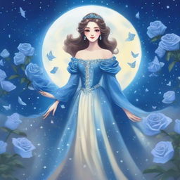 A woman dressed in princess attire stands surrounded by several blue roses