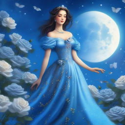 A woman dressed in princess attire stands surrounded by several blue roses