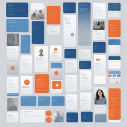 Create a professional moodboard for a corporate group chat website, incorporating a color scheme of various blue shades, grey, orange, and white. Include sleek interface designs, corporate icons, and fitting typography.