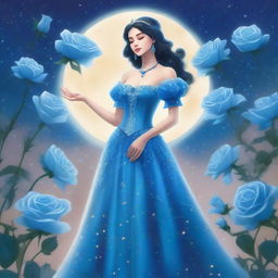 A woman dressed in princess attire stands surrounded by several blue roses