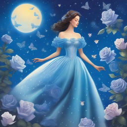 A woman dressed in princess attire stands surrounded by several blue roses