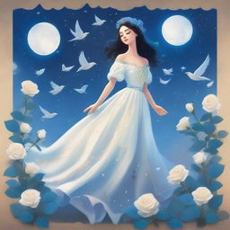 A woman dressed in princess attire, wearing a white gown, surrounded by several blue roses