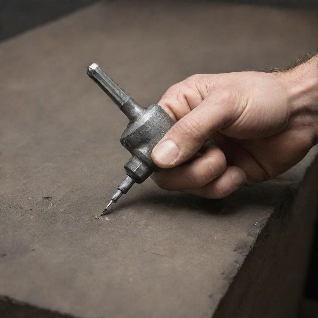 A highly detailed, human hand, firmly gripping a well-worn screwdriver, preparing for work