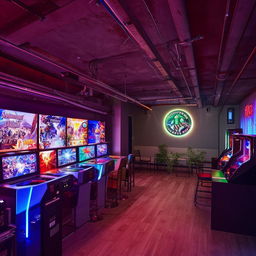 A 200 m2 apartment transformed into a cozy gaming center integrated with a coffee shop.