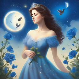 A woman dressed in princess attire stands near a few blue roses under a star-filled sky