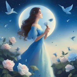 A woman dressed in princess attire stands near a few blue roses under a star-filled sky