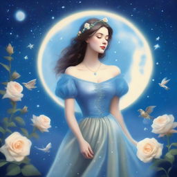 A woman dressed in princess attire stands near a few blue roses under a star-filled sky