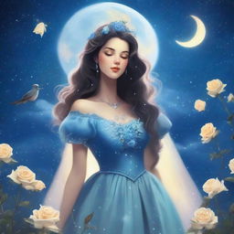 A woman dressed in princess attire stands near a few blue roses under a star-filled sky