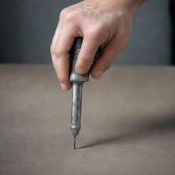 A highly detailed, human hand, firmly gripping a well-worn screwdriver, preparing for work