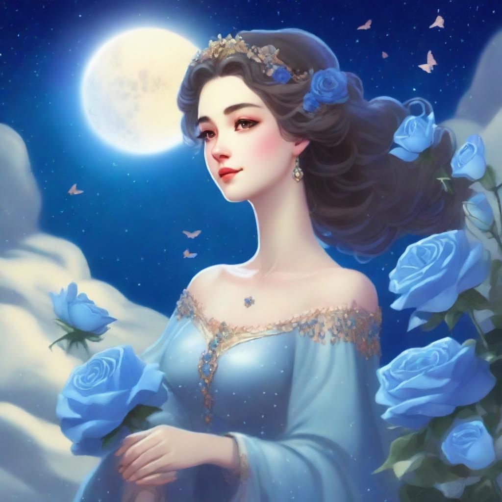 A woman dressed in princess attire stands amidst some blue roses