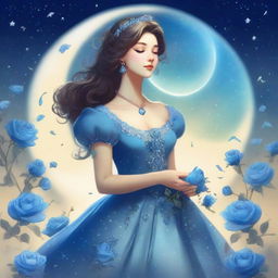 A woman dressed in princess attire stands amidst some blue roses