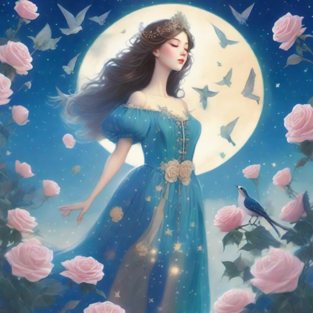 A woman dressed in princess attire stands amidst some blue roses