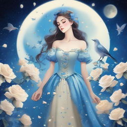 A woman dressed in princess attire stands amidst some blue roses