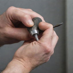 A highly detailed, human hand, firmly gripping a well-worn screwdriver, preparing for work