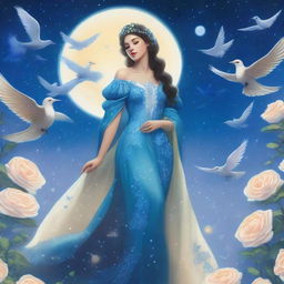 A woman dressed in princess attire stands amidst some blue roses