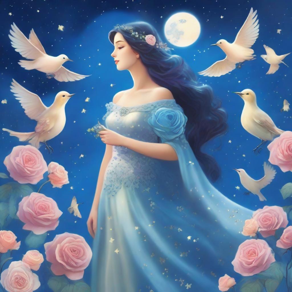 A woman dressed in princess attire stands amidst some blue roses