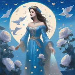 A woman dressed in princess attire stands amidst some blue roses