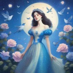 A woman dressed in princess attire stands amidst some blue roses