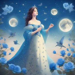 A woman dressed in princess attire stands amidst some blue roses