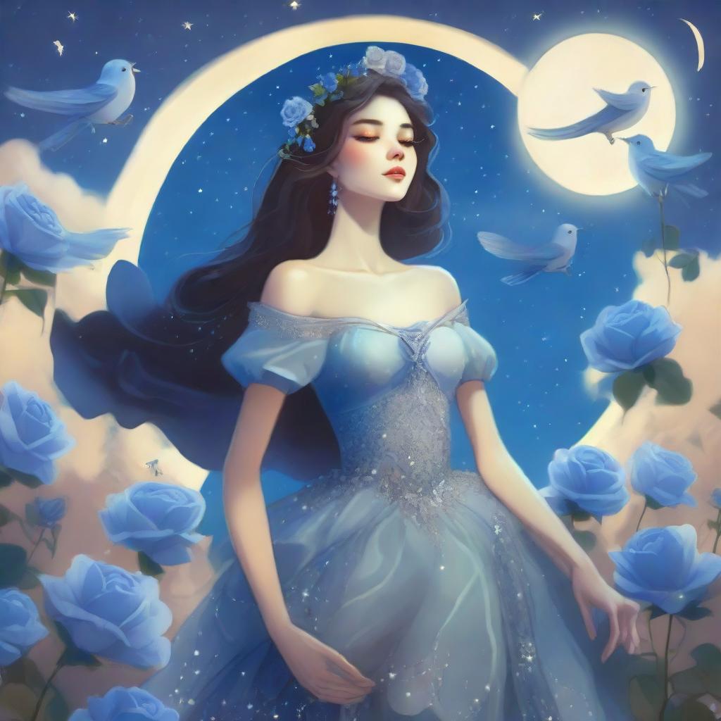 A woman dressed in princess attire stands amidst some blue roses