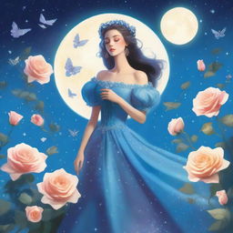 A woman dressed in princess attire stands amidst some blue roses