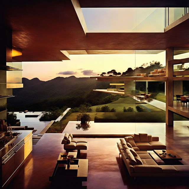 Inside view of a luxurious home atop a Brazilian mountain, showcasing modern design, high ceilings, expansive glass walls framing breathtaking views, and warm lights casting a cozy glow.