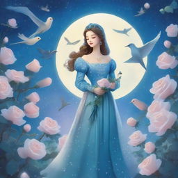 A woman dressed in princess attire stands amidst some blue roses