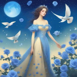 A woman dressed in princess attire stands amidst some blue roses