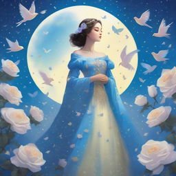 A woman dressed in princess attire stands amidst blue roses