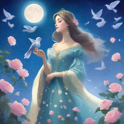 A woman dressed in princess attire stands amidst blue roses