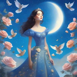 A woman dressed in princess attire stands amidst blue roses