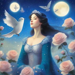 A woman dressed in princess attire stands amidst blue roses