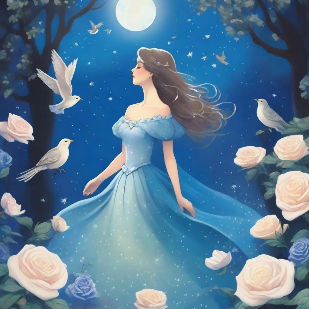 A woman dressed in princess attire stands in a forest of blue roses