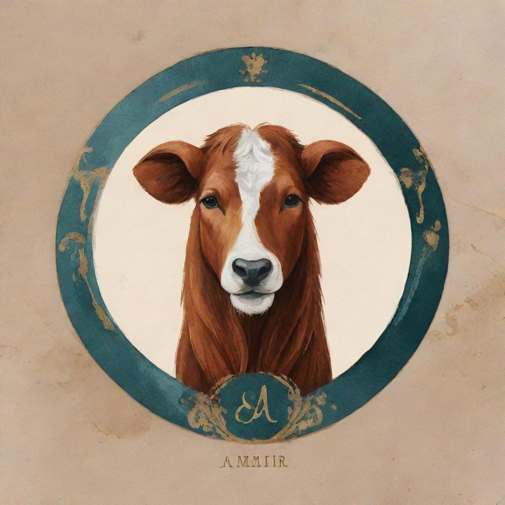 Design a personal logo for 'Amir', combining elements of veterinary medicine, the Gemini zodiac sign, with the look and feel of an acrylic painting.