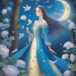 A woman dressed in princess attire stands in a forest of blue roses