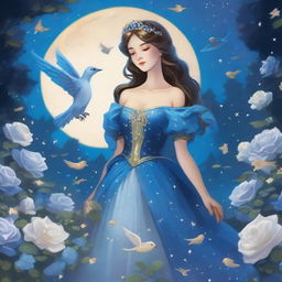 A woman dressed in princess attire stands in a forest of blue roses