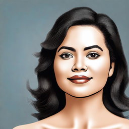 A PNG style image of a woman with dark brown eyes, wavy black hair, a small nose, facial blemishes, and a double chin.