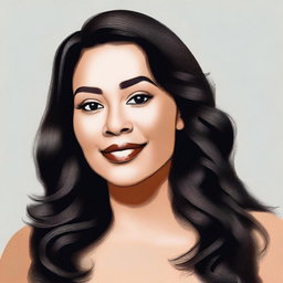 A PNG style image of a woman with dark brown eyes, wavy black hair, a small nose, facial blemishes, and a double chin.