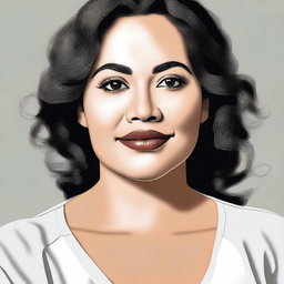 A PNG style image of a woman with dark brown eyes, wavy black hair, a small nose, facial blemishes, and a double chin.