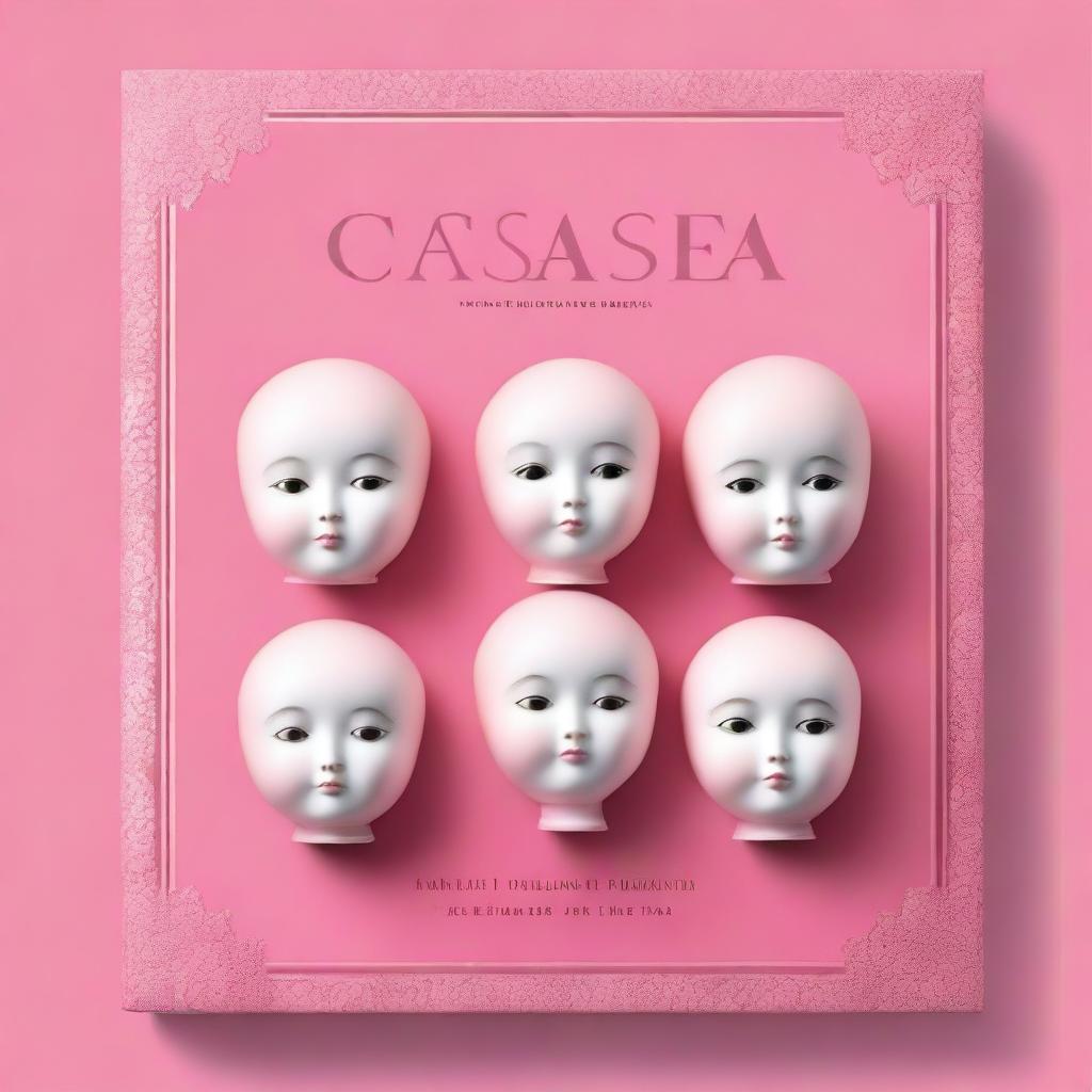 A book cover with a pink background featuring four porcelain doll heads