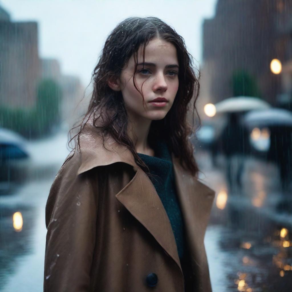 A white girl with shoulder-length wavy brown hair and brown eyes, wearing an overcoat, standing in a rainy environment