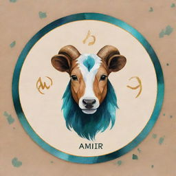 Design a personal logo for 'Amir', combining elements of veterinary medicine, the Gemini zodiac sign, with the look and feel of an acrylic painting.