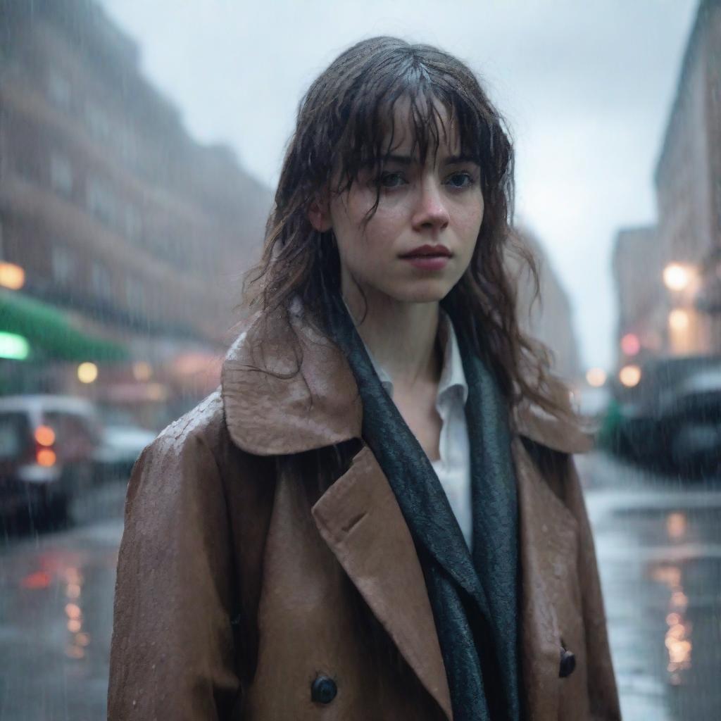 A white girl with shoulder-length wavy brown hair, bangs, and brown eyes, wearing an overcoat, standing in a rainy environment