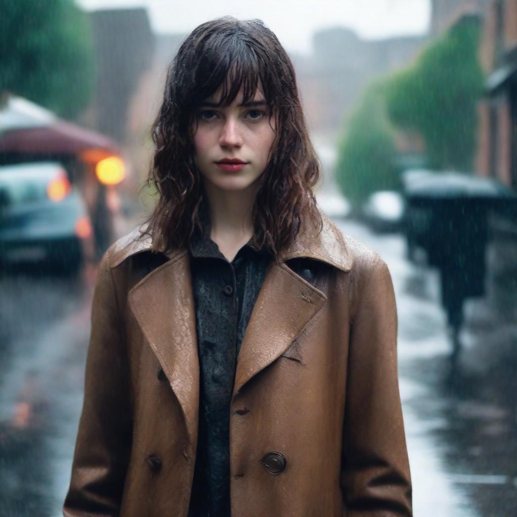 A white girl with shoulder-length wavy brown hair, bangs, and brown eyes, wearing an antique coat, standing in a rainy environment