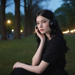 A pale-skinned girl with jet-black hair, dressed in a matching black dress, engrossed in listening to music on her headphones, surrounded by the enticing mystery of a dimly lit park.