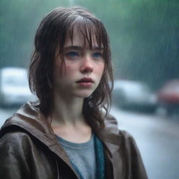 A teenage white girl with shoulder-length wavy brown hair, bangs, freckles on her face, and brown eyes, standing in a rainy environment