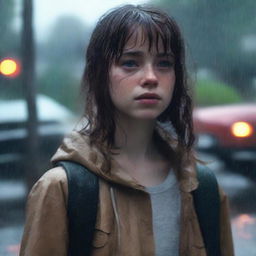 A teenage white girl with shoulder-length wavy brown hair, bangs, freckles on her face, and brown eyes, standing in a rainy environment