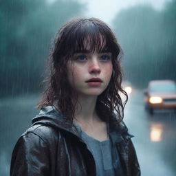 A teenage white girl with shoulder-length wavy brown hair, bangs, freckles on her face, and brown eyes, standing in a rainy environment